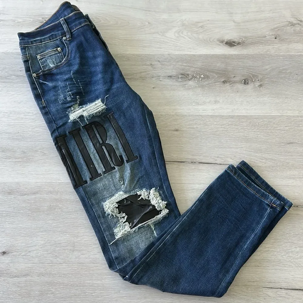 AMIRI Skinny-Fit Leather Appliquéd Distressed Jeans Blue/Black 32 NWT